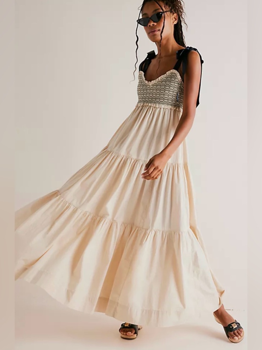 FREE PEOPLE Bluebell Solid Maxi tiered Dress sand ribbon bohemian Sz Small